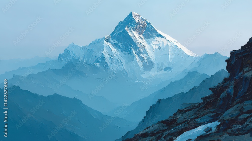 Majestic Snow Capped Mountain Peak Serene Landscape Blue Hues Majestic Snow Capped Mountain Peak Serene Landscape Blue Hues