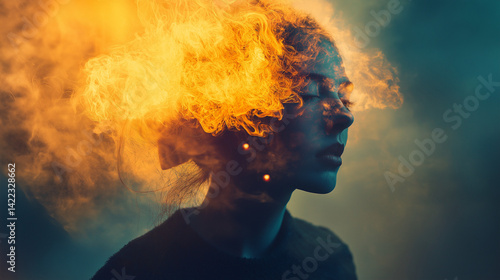 Wallpaper Mural A media-ready photo with balanced aesthetics defiant orangeroom: a solitary figure in flames, silhouetted by the sinking sun - portrait of a resolute individual dressed in top and glasses amid waning. Torontodigital.ca