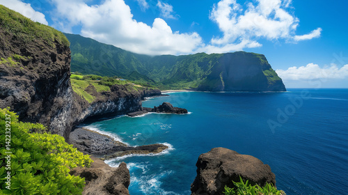 A versatile stock image showing breathtaking coastline view: towering mountains embrace the sea at a rocky point - spectacular scenery of mountain outcrops, cliffs, and ocean horizon at bight m.