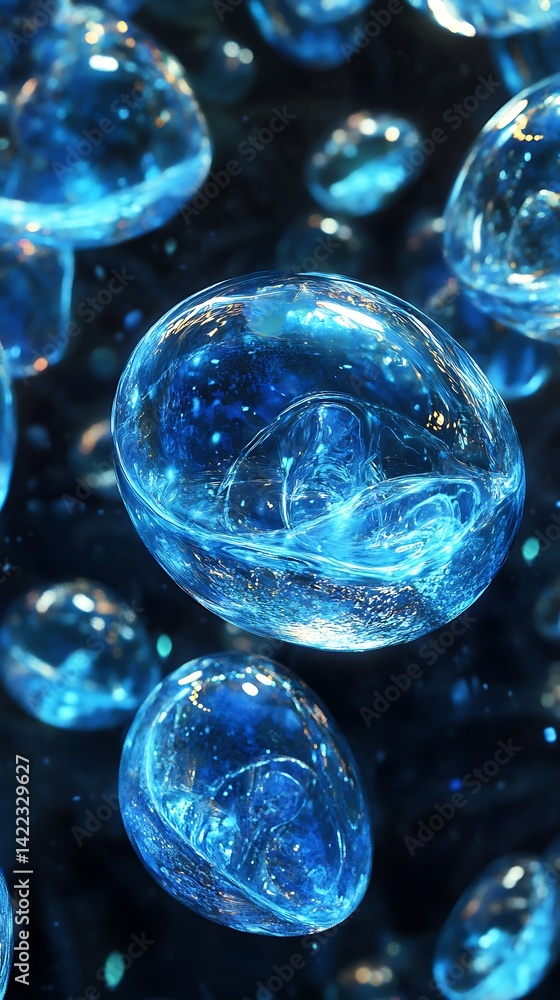 Floating, glowing blue spheres in dark space Floating, glowing blue spheres in dark space