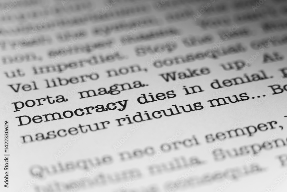 Democracy dies in denial. Text printed on a page. A piece of paper with a phrase written in retro typewriter font. Democracy dies in denial. Text printed on a page. A piece of paper with a phrase written in retro typewriter font.