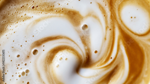 Extreme close-up (macro) photograph capturing the swirling pattern of white milk foam latte art on the rich brown crema surface of a cappuccino or latte. Fine bubbles are visible.