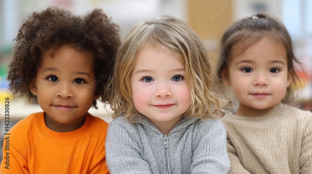 Three children smiling together in a classroom during playtime Three children smiling together in a classroom during playtime