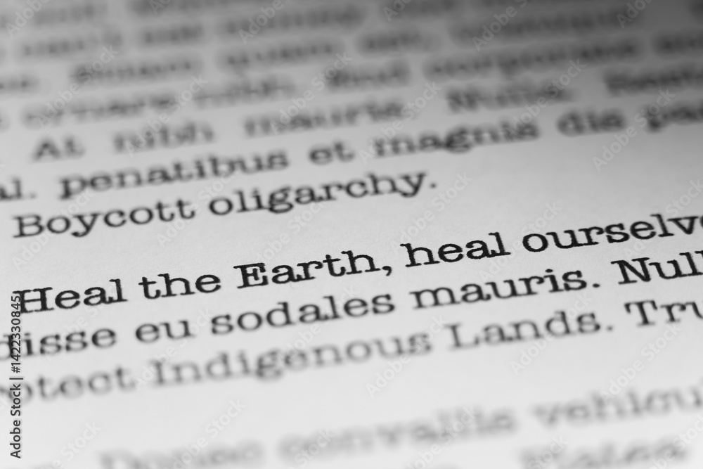 Heal the Earth, heal ourselves. Text printed on a page. A piece of paper with a phrase written in retro typewriter font. Heal the Earth, heal ourselves. Text printed on a page. A piece of paper with a phrase written in retro typewriter font.
