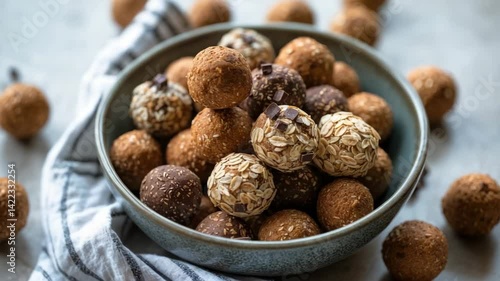 Homemade energy protein balls featuring oats, nuts, dried fruit, and chocolate nibs dusted with cocoa powder.