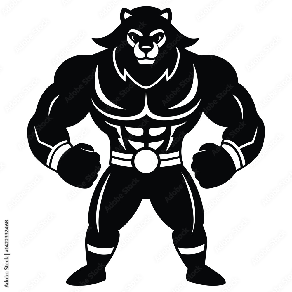 Black and White Cartoon of Muscular Fighter Black and White Cartoon of Muscular Fighter
