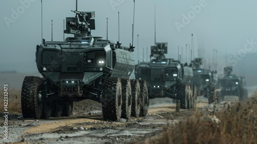A line of futuristic military robotic vehicles on a muddy terrain road.