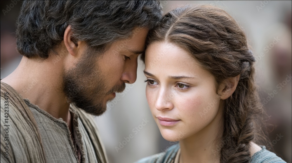 Passionate encounter between two characters in an ancient setting during a dramatic moment Passionate encounter between two characters in an ancient setting during a dramatic moment