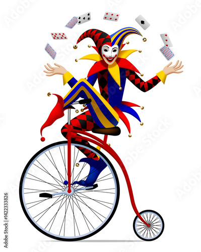 Smiling Joker of playing cards in colorful suit riding vintage bicycle isolated on white. Vector illustration in 3d style