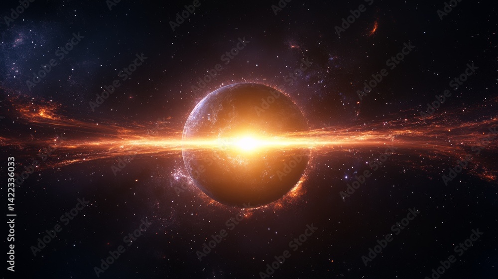 A Beautiful Cosmic Scene Featuring an Enigmatic Planet with Swirling Dust Rings Over a Dark Backdrop A Beautiful Cosmic Scene Featuring an Enigmatic Planet with Swirling Dust Rings Over a Dark Backdrop