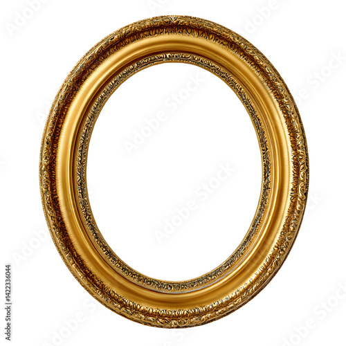 A close up of an ornate golden oval picture frame against a solid black background design element