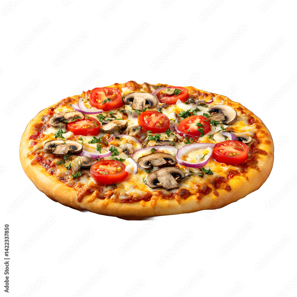 A delicious pizza topped with mushrooms tomatoes and red onions on a black background isolated view A delicious pizza topped with mushrooms tomatoes and red onions on a black background isolated view