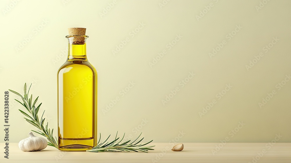 A bottle of olive oil and a sprig of rosemary rest on a table near a garlic clove A bottle of olive oil and a sprig of rosemary rest on a table near a garlic clove