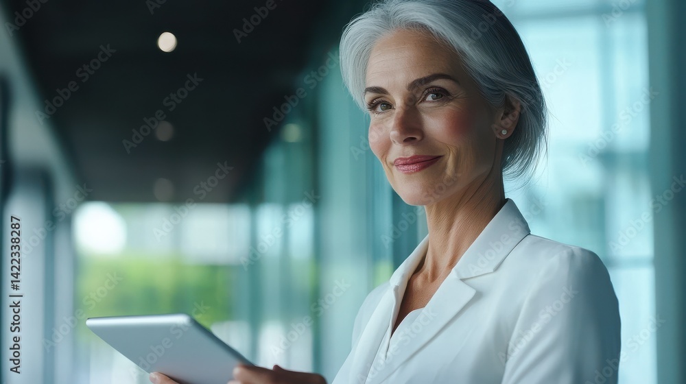 Fototapeta premium Smiling mature professional business woman bank manager, older happy female executive or lady entrepreneur holding digital tablet pad standing in office at work, looking away at copy space.