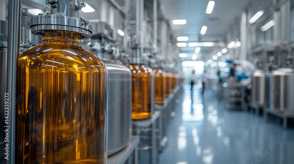 Modern shiny metal laboratory showcasing precision fermentation process with advanced biotech equipment and scientists working on sustainable food production in a high-tech research environment