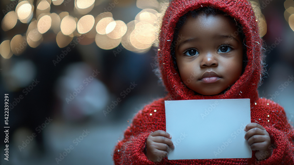 Winter Wonder: Child in Snow with white blank, Curious Gaze for Holiday Magic and Seasonal Design
