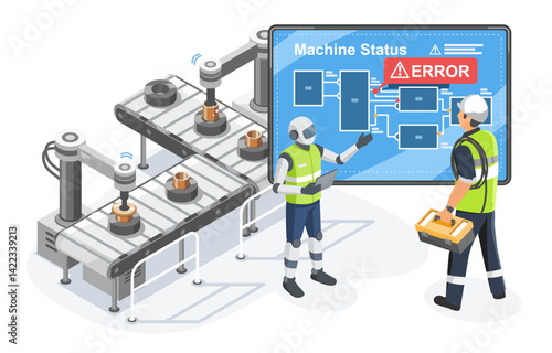 AI assistant identifying machine error on smart production line and guiding technician for timely maintenance and efficient troubleshooting in industrial automation system