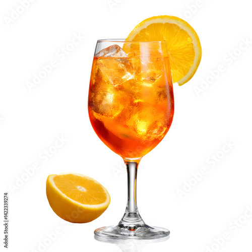 A glass of orange cocktail with ice and orange slice on a black background studio shot close up view