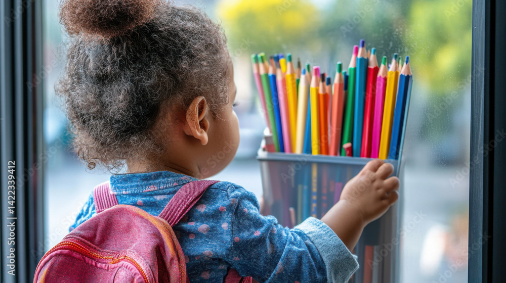 Multiracial Child at Stationery Store Window, Thoughtful Moments and Colorful Supplies for School Design