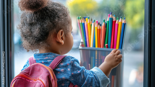 Obraz na płótnie Multiracial Child at Stationery Store Window, Thoughtful Moments and Colorful Supplies for School Design w salonie