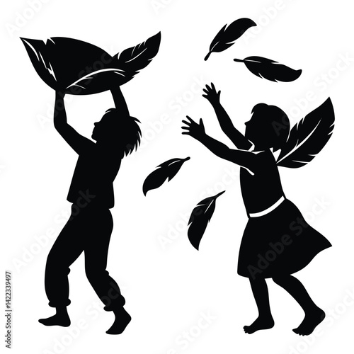 Silhouette of Group Pillow Fight with Flying Feathers – Fun Party Scene Vector