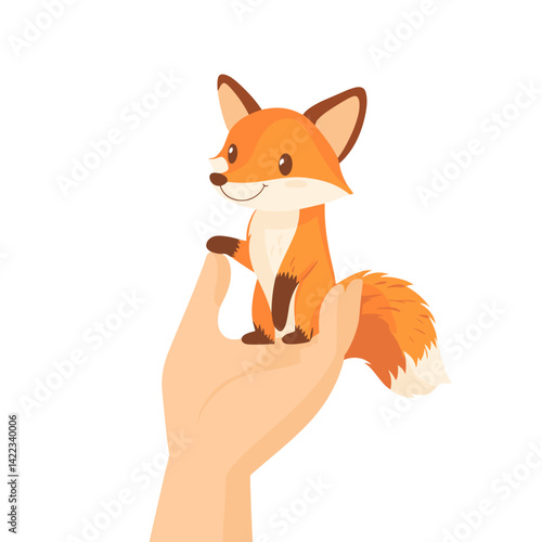 Fox hand puppet held up by hand on white background
