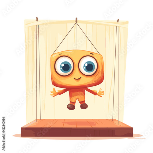 Big-eyed marionette puppet on wooden stage with beige curtain
