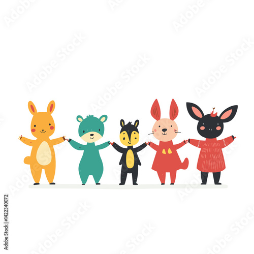 Cute animal puppets standing in row with smiling faces on white
