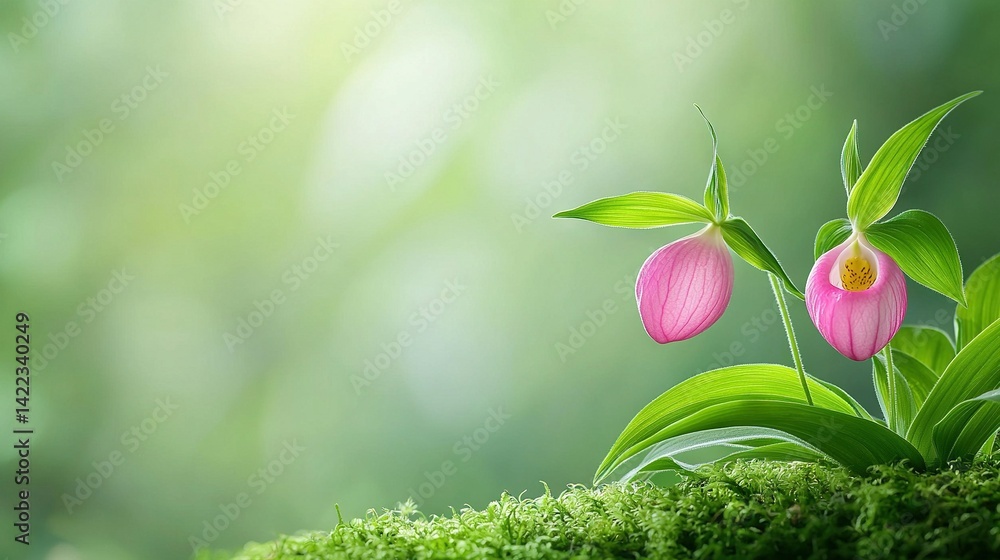 Fototapeta premium Pink flowers on green grass with a green leafy plant in the background
