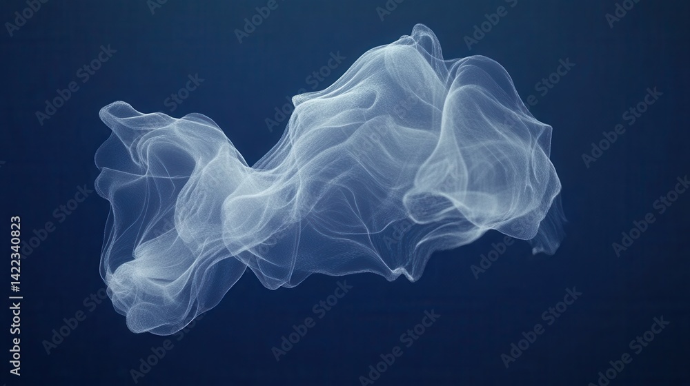 Ethereal white abstract form floating in a deep blue space creating a sense of movement and lightness against a dark background with a modern digital style