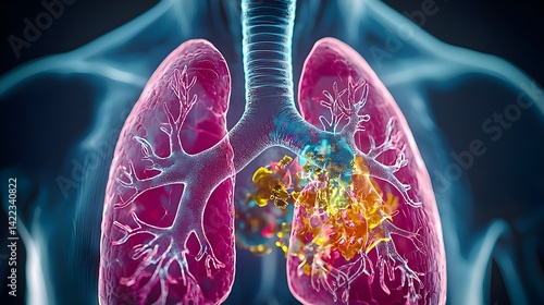 An anatomical illustration of human lungs, detailed with colorful representations of respiratory structures and potential health issues.