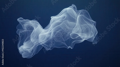 Ethereal white abstract form floating in a deep blue space creating a sense of movement and lightness against a dark background with a modern digital style