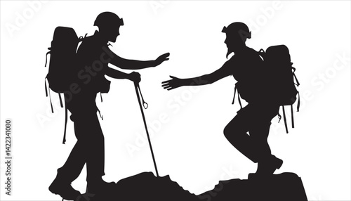 Silhouette of a man helping another man with a hiking stick