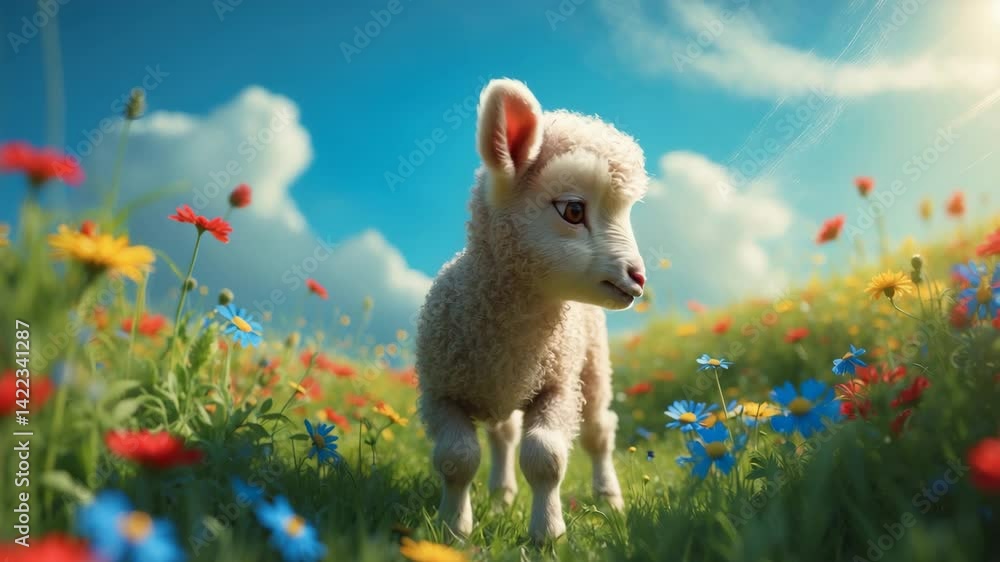 Young lamb rests and observes in the meadow Young lamb rests and observes in the meadow