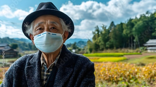 An elderly man wearing a mask stands in a vibrant countryside, surrounded by fields and trees under a bright sky.