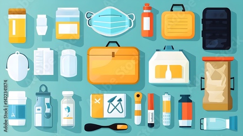 A collection of various health and safety items including masks, medication bottles, containers, and tools, all illustrated on a blue background.