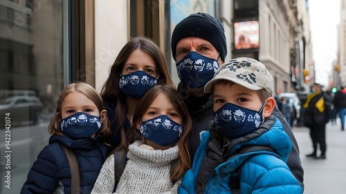 A family of five poses together on the street, wearing matching blue masks with a design, showcasing unity and modern urban life.