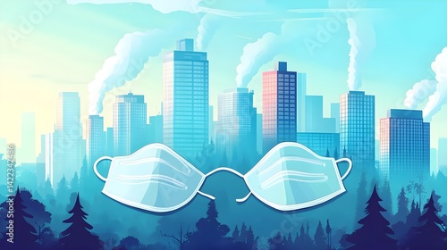 A stylized graphic featuring face masks in front of a city skyline, symbolizing health and pollution awareness amidst urban landscapes.