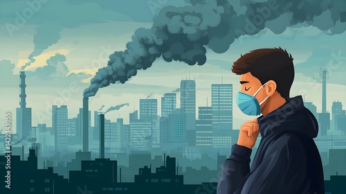 A person wearing a mask stands contemplatively in a city filled with smoke and pollution, highlighting concerns about air quality and health.