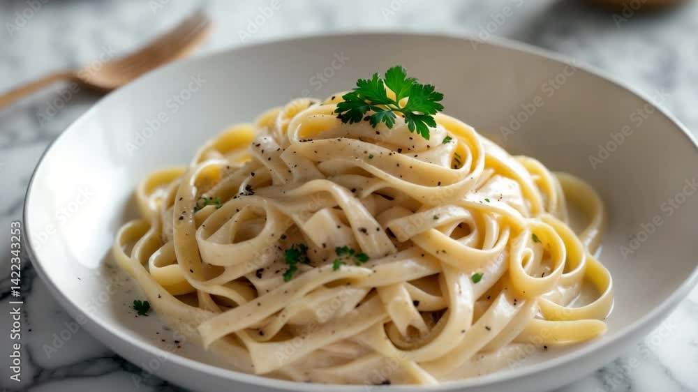 Creamy Alfredo fettuccine pasta, enhanced with freshly cracked black pepper and parsley. A traditional comfort meal served on a plate on a surface. Creamy Alfredo fettuccine pasta, enhanced with freshly cracked black pepper and parsley. A traditional comfort meal served on a plate on a surface.