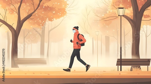 A person jogs through a misty autumn park, wearing a mask and surrounded by vibrant fall foliage and benches.