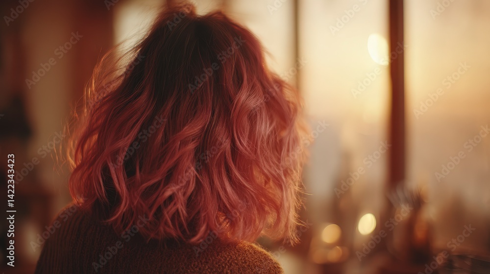 Obraz premium Woman with Pink Wavy Hair Back View Sunset Glow Soft Focus