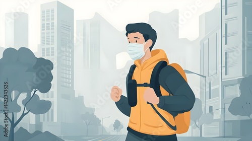 A person wearing a mask walks through a cityscape, highlighting themes of urban life and health awareness during a pandemic.