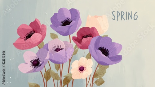 Spring Floral Banner  Pastel Anemones  Soft Colors  Nature Design
