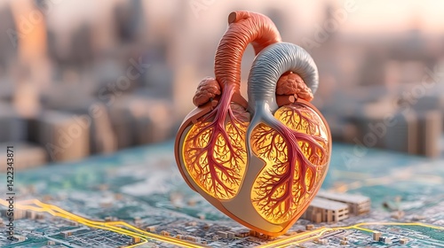 A 3D heart model with intricate vascular details is displayed over a city grid, symbolizing connection and life within urban environments.