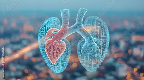 A digital representation of lungs and heart floating above a cityscape, symbolizing health and technology in an urban environment.