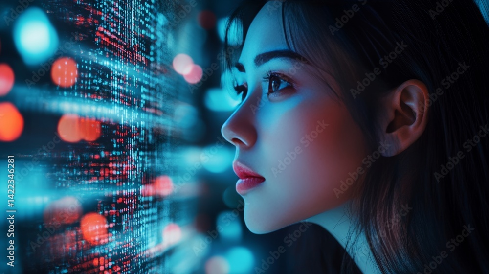 Woman Analyzing Digital Data with Neon Light Reflections Woman Analyzing Digital Data with Neon Light Reflections