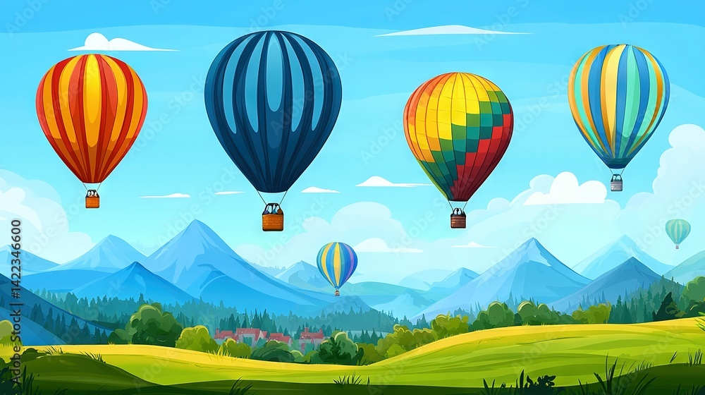 Obraz premium Hot air balloons fly over lush green fields and mountains