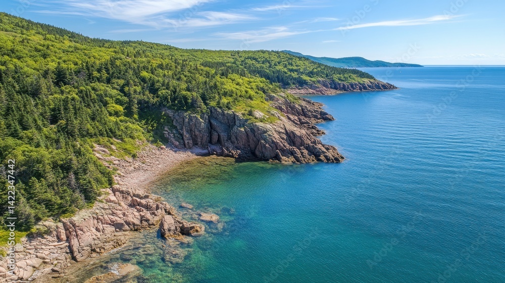 Obraz premium Aerial Vista of Acadia National Park Coastline with Lush Forest and Turquoise Ocean Waters in Maine