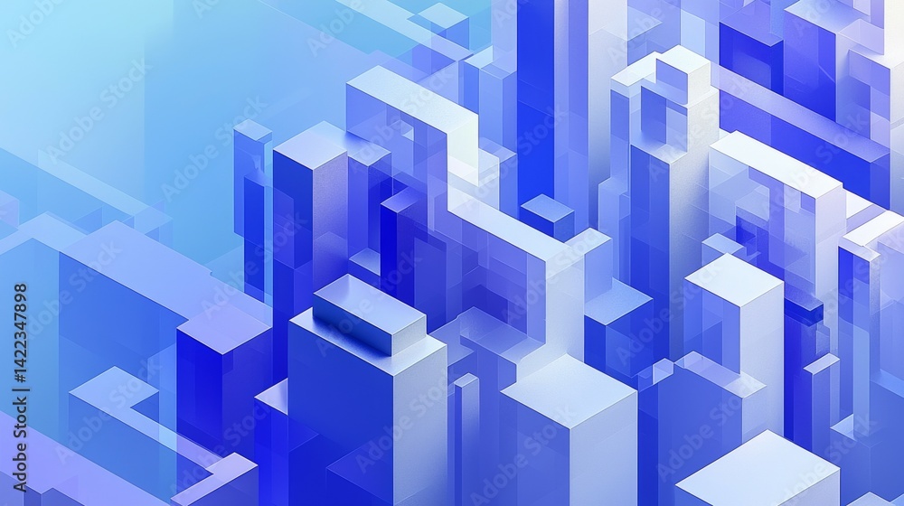 Abstract isometric digital art featuring a dense cluster of smooth, semi-white blue and white geometric rectangular blocks with varied heights and overlapping arrangements set against Abstract isometric digital art featuring a dense cluster of smooth, semi-white blue and white geometric rectangular blocks with varied heights and overlapping arrangements set against